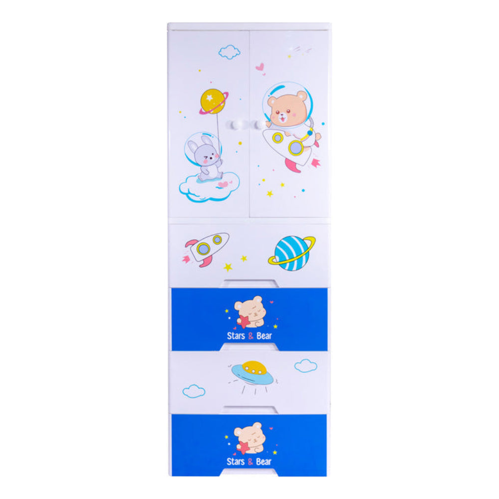 Children's wardrobe with cartoon designs on a white background