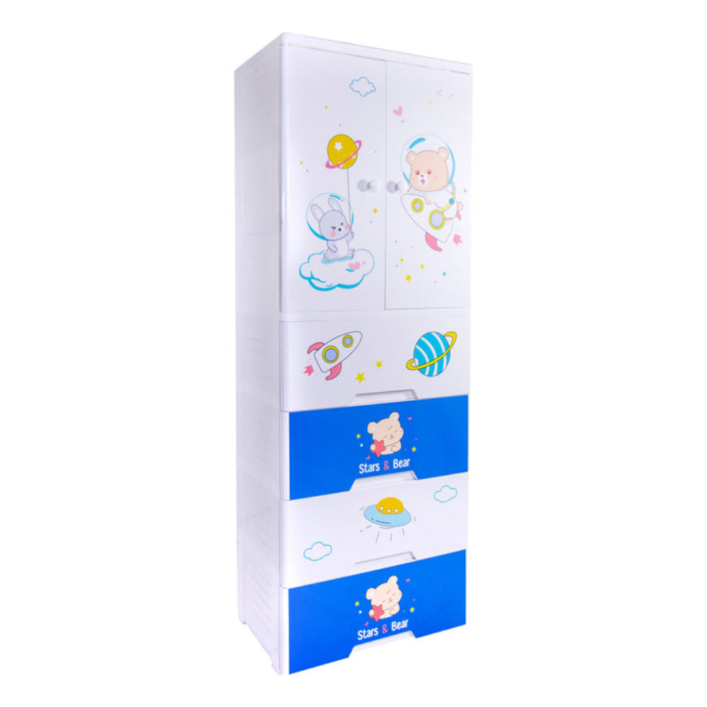 Children's wardrobe with cartoon designs on a white background