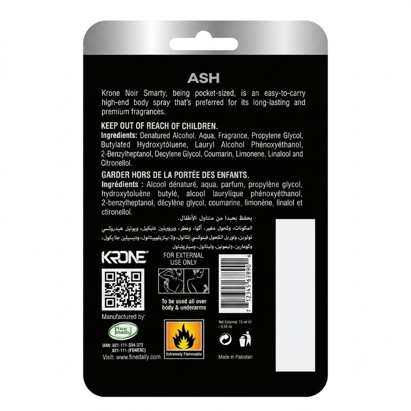 Krone Noir Smarty ASH 15 ML Pocket Gas Free Body Spray Online in Pakistan Madina Gift