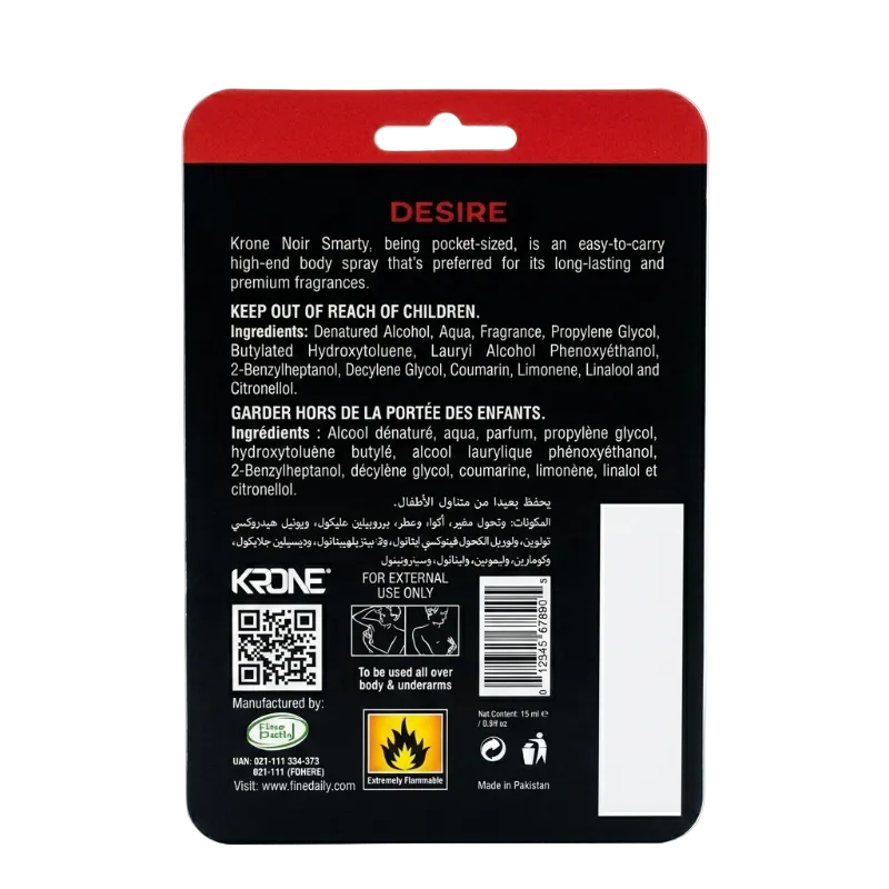 Krone Noir Smarty DESIRE 15 ML Pocket Gas Free Body Spray Online in Pakistan Madina Gift