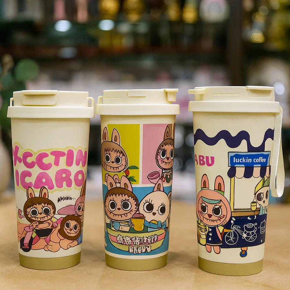 Labubu Cute Cartoon Coffee Thermos Leakproof Portable Travel Mug with Lid