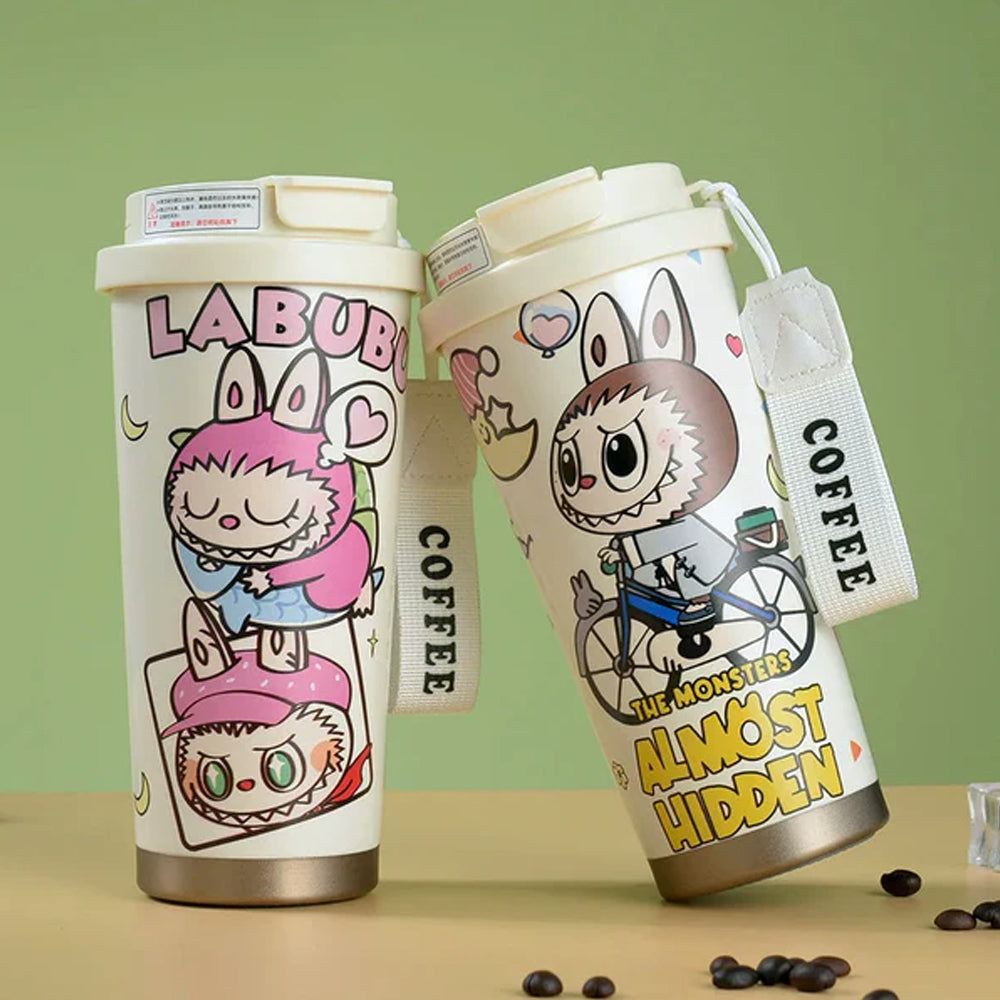 Labubu Cute Cartoon Coffee Thermos Leakproof Portable Travel Mug with Lid
