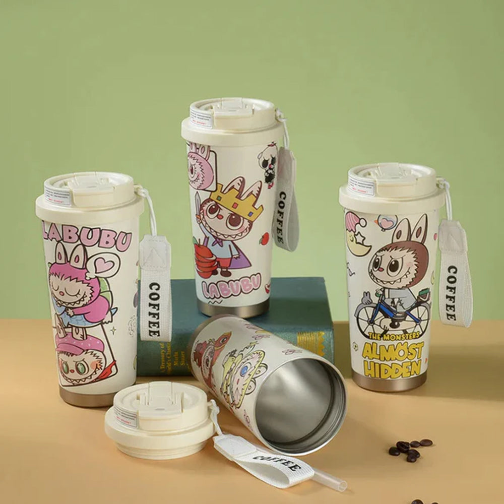 Labubu Cute Cartoon Coffee Thermos Leakproof Portable Travel Mug with Lid