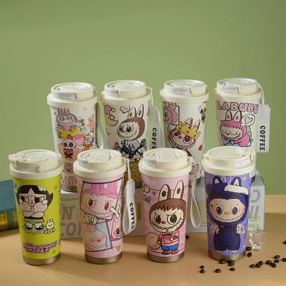 Labubu Cute Cartoon Coffee Thermos Leakproof Portable Travel Mug with Lid