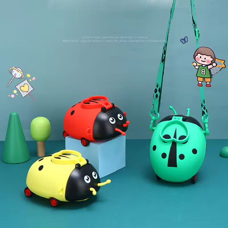 Unique Cartoon Beetle Plastic 500ml Water Bottle with Moving Wheels - Madina Gift