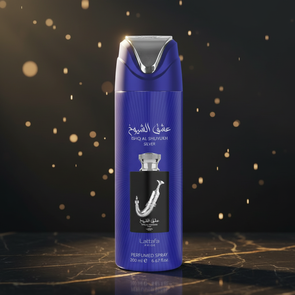 Lattafa Ishq Al Shuyukh Silver 200 ML Deodorant Body Spray Online in Karachi Pakistan Madina Gift