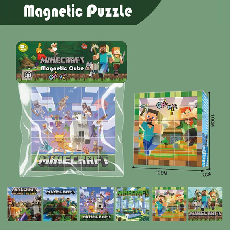 Minecraft Magnetic Cube BZ96-101B  toy set shown on a muted green background, with the retail card packaging on the left, a boxed/unboxed assembled cube on the right, dimension labels (10cm by 20cm), and five smaller thumbnail views along the bottom. The top banner reads 'Magnetic Puzzle'.