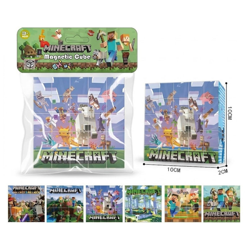 Minecraft Magnetic Cube BZ96-101B party decoration set in its retail packaging, showing the front of the package, a loose cube sample, dimensions (10cm x 20cm x 10cm), and ten different themed cube designs along the bottom.