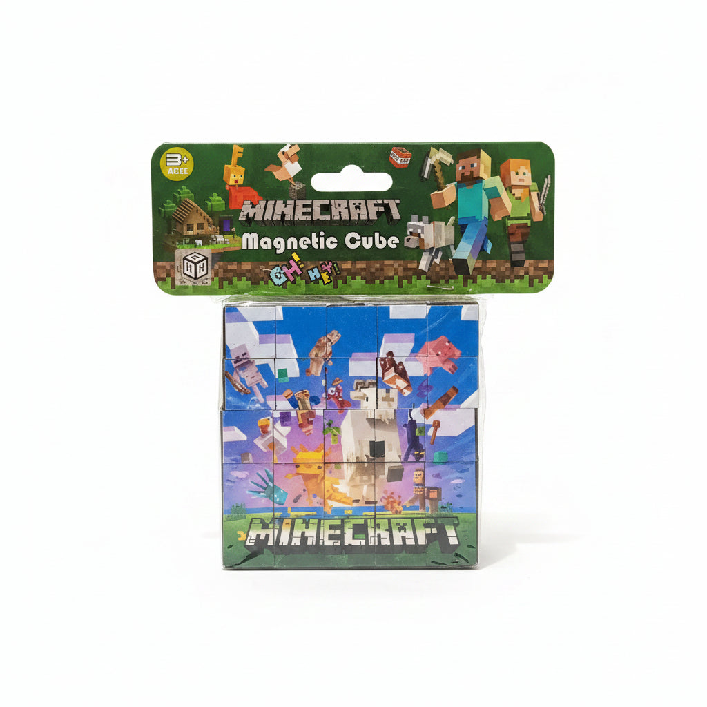 A Minecraft Magnetic Cube toy in its original retail packaging, resting on a black leather chair. The packaging features colorful graphics of various Minecraft characters and environments.