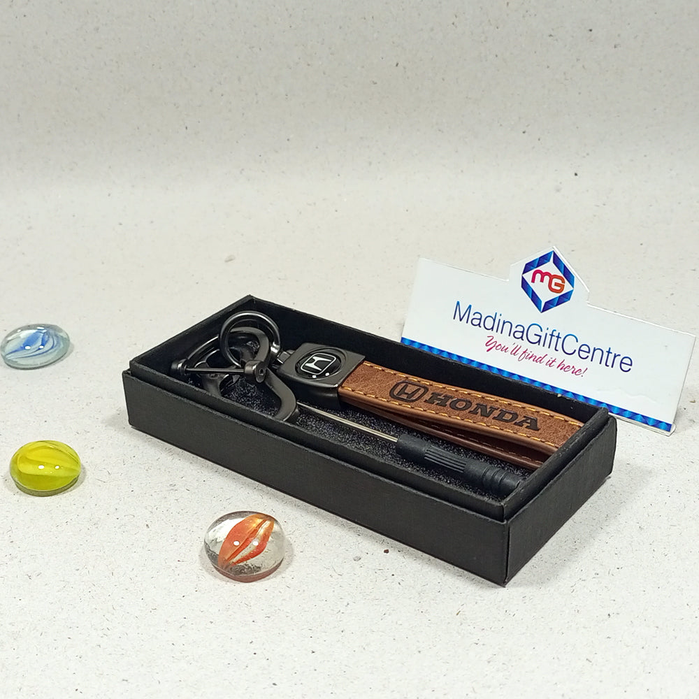 Premium HONDA Brown Leather Keychain with Screwdriver Madina Gift