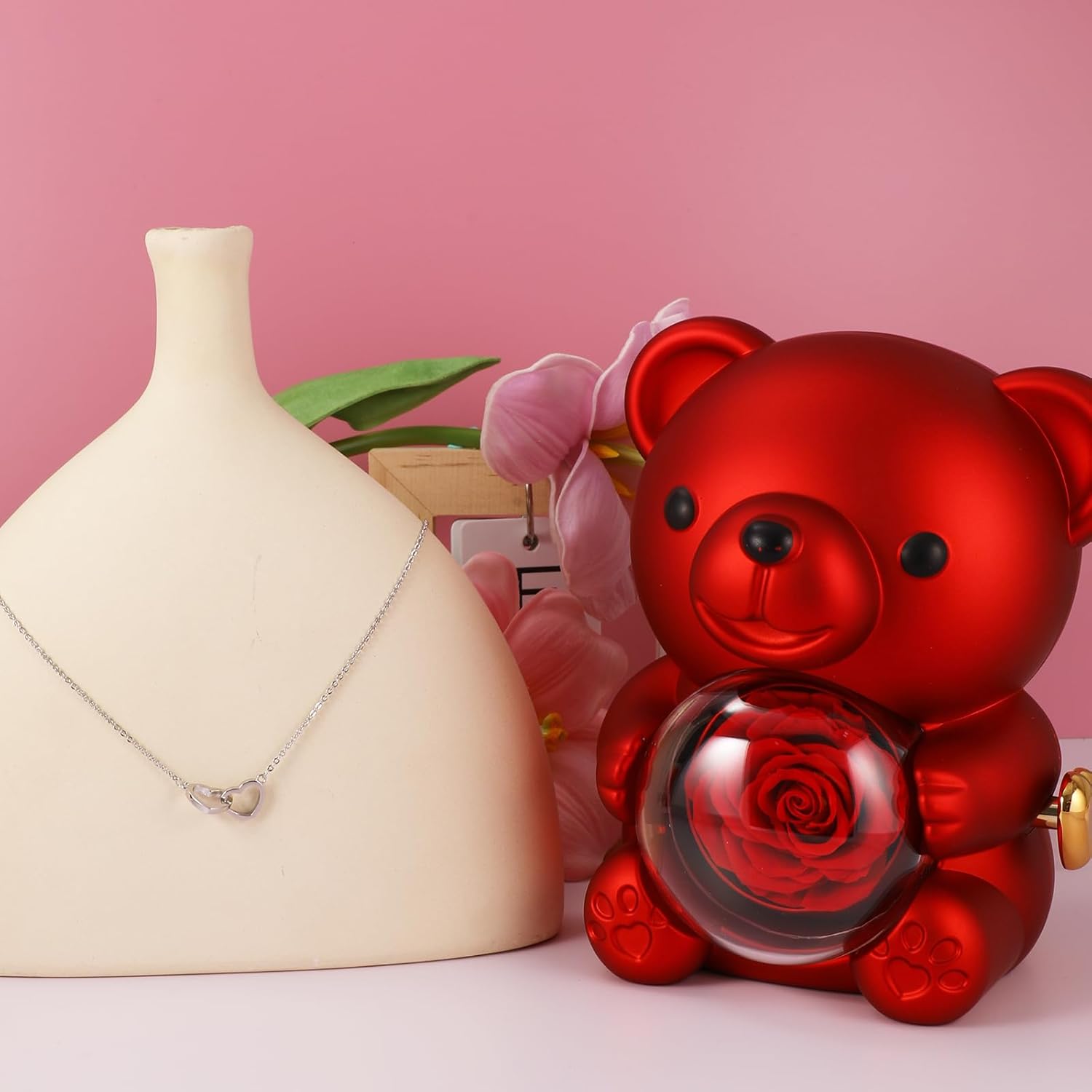 Red Rose & Red Bear Jewelry Box with Necklace Elegant Gift Set Madina Gift