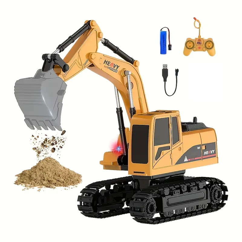 Toy excavator with remote control, battery, and dirt on a white background