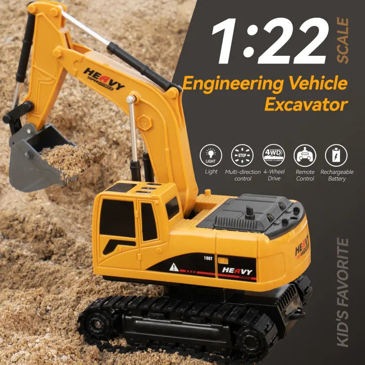 Toy excavator with features listed on a dark background