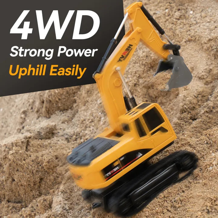 Yellow toy excavator on sand with text '4WD Strong Power Uphill Easily' on a black background