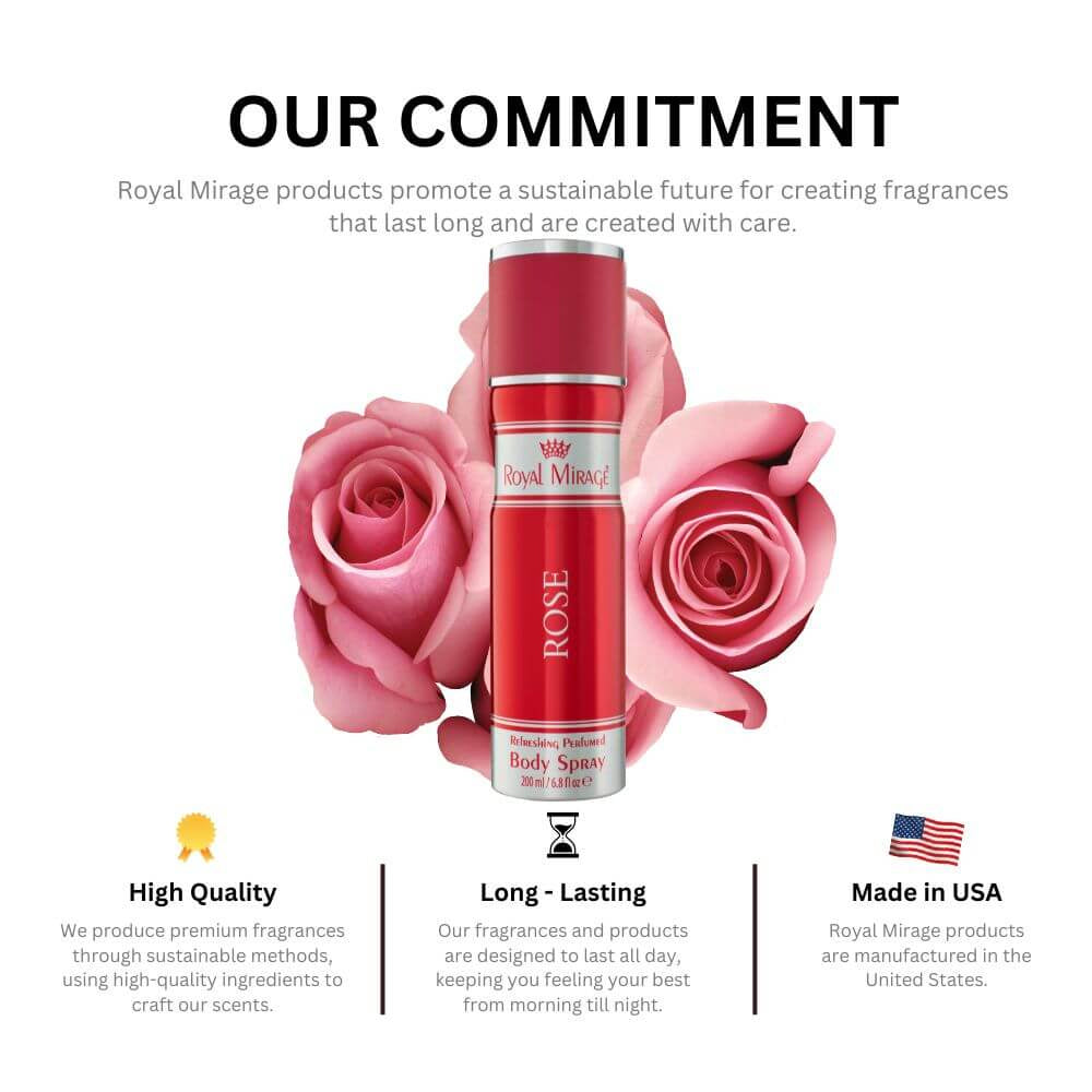 Royal Mirage Rose Body Spray
Royal Mirage Rose Body Spray is crafted for the sensual woman who exudes confidence and grace. USA