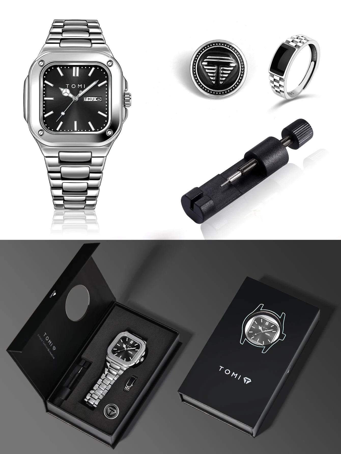 TOMI T-306-2 Black Silver New Men's Luxury Business Watch Gift Box Set Online in Karachi Pakistan Madina Gift