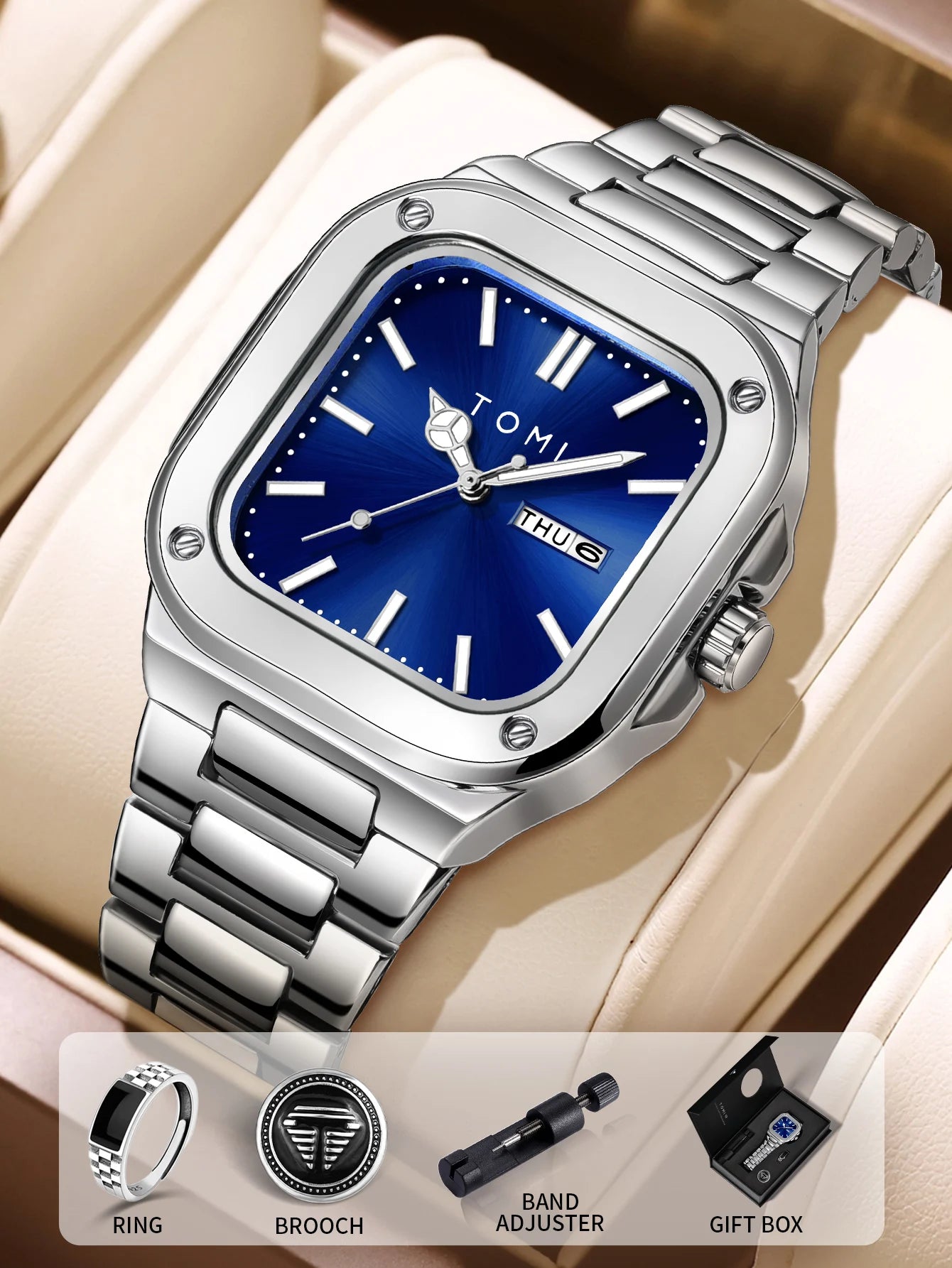 TOMI T-306-4 Blue Silver New Men's Luxury Business Watch Gift Box Set Online in Karachi Pakistan Madina Gift
