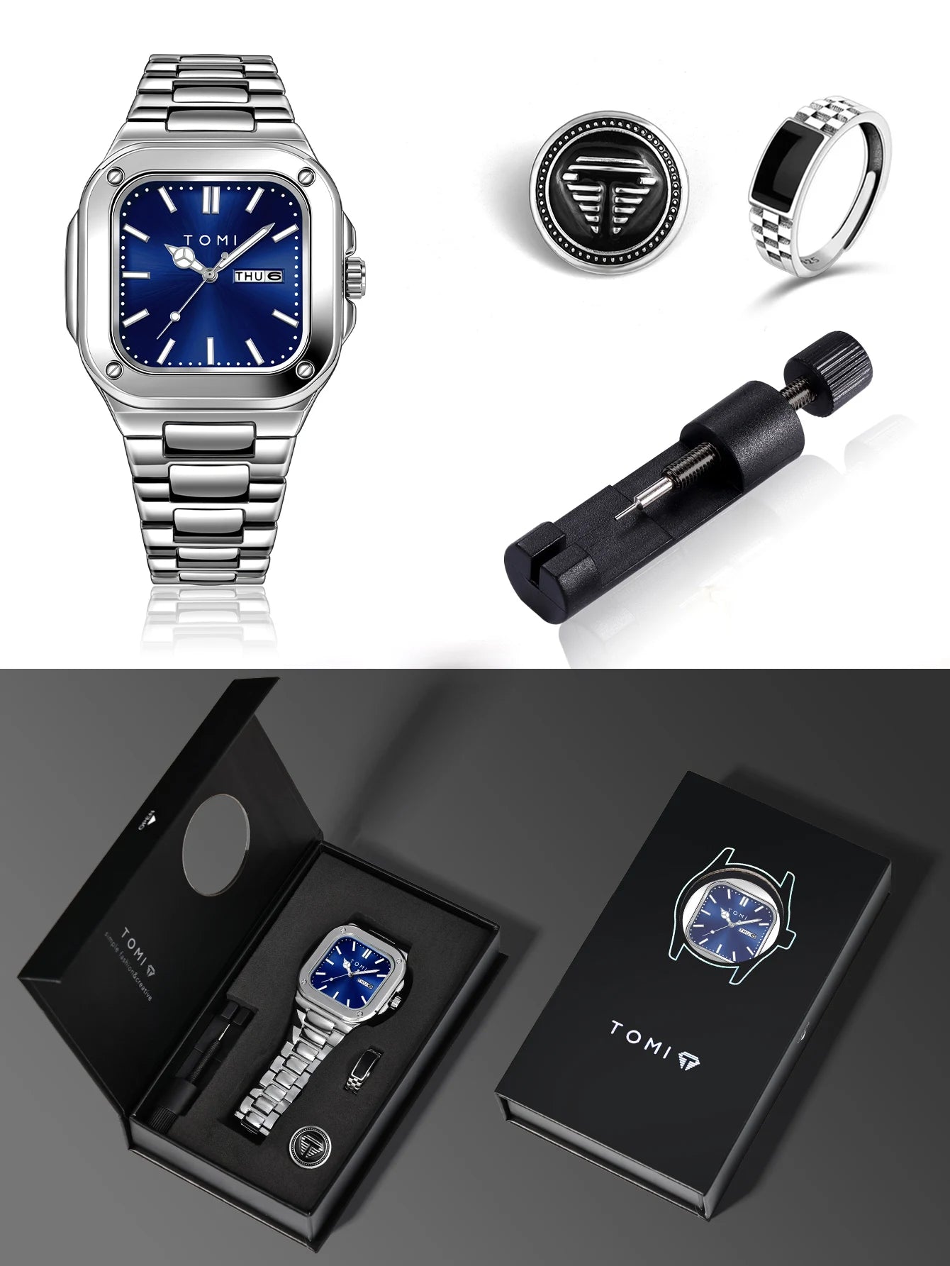 TOMI T-306-4 Blue Silver New Men's Luxury Business Watch Gift Box Set Online in Karachi Pakistan Madina Gift