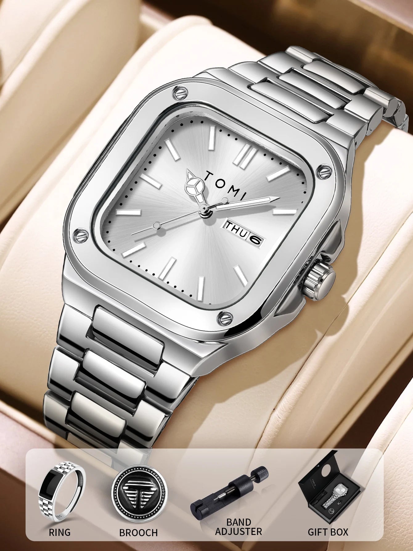 TOMI T-306-5 White Silver New Men's Luxury Business Watch Gift Box Set Online in Karachi Pakistan Madina Gift