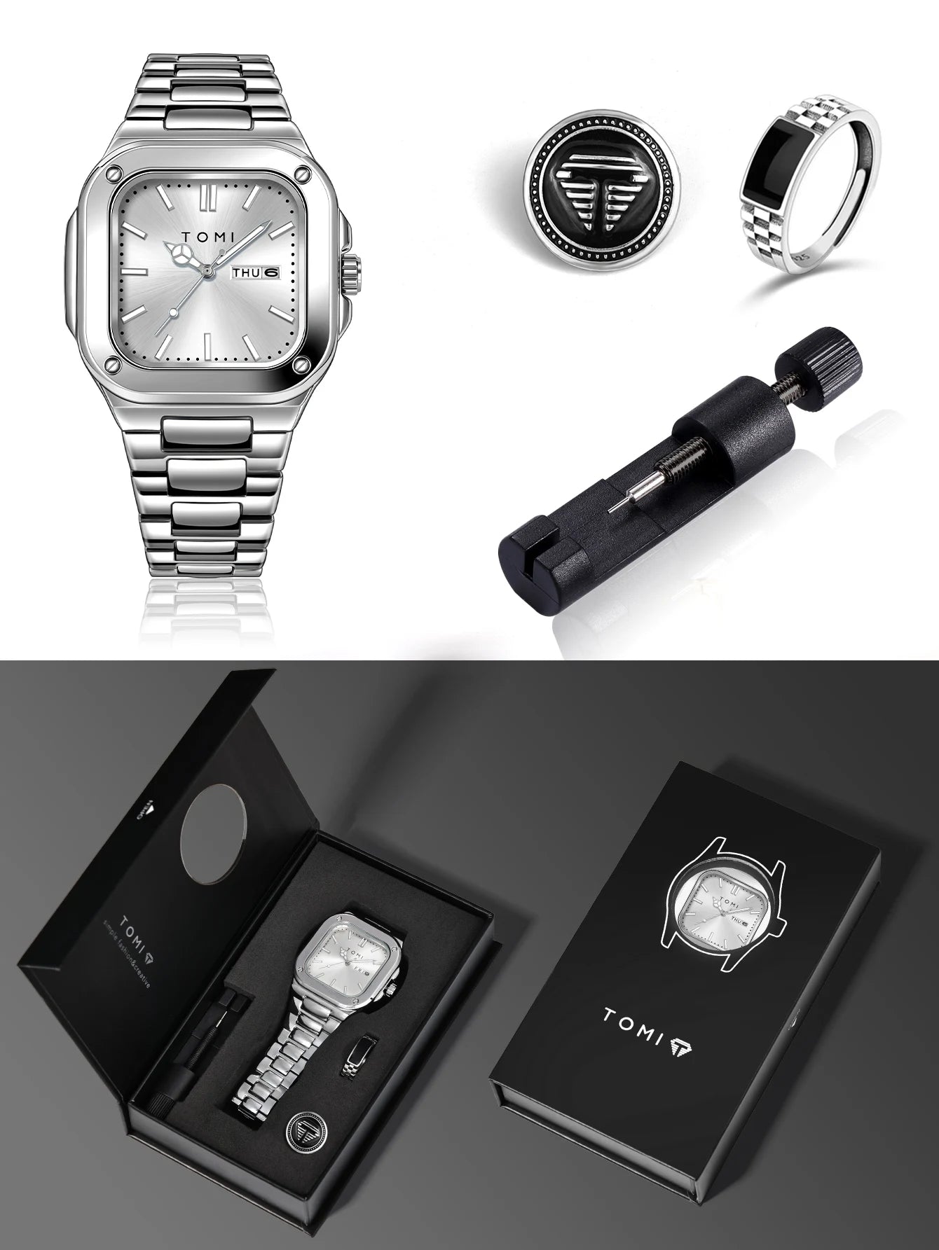 TOMI T-306-5 White Silver New Men's Luxury Business Watch Gift Box Set Online in Karachi Pakistan Madina Gift