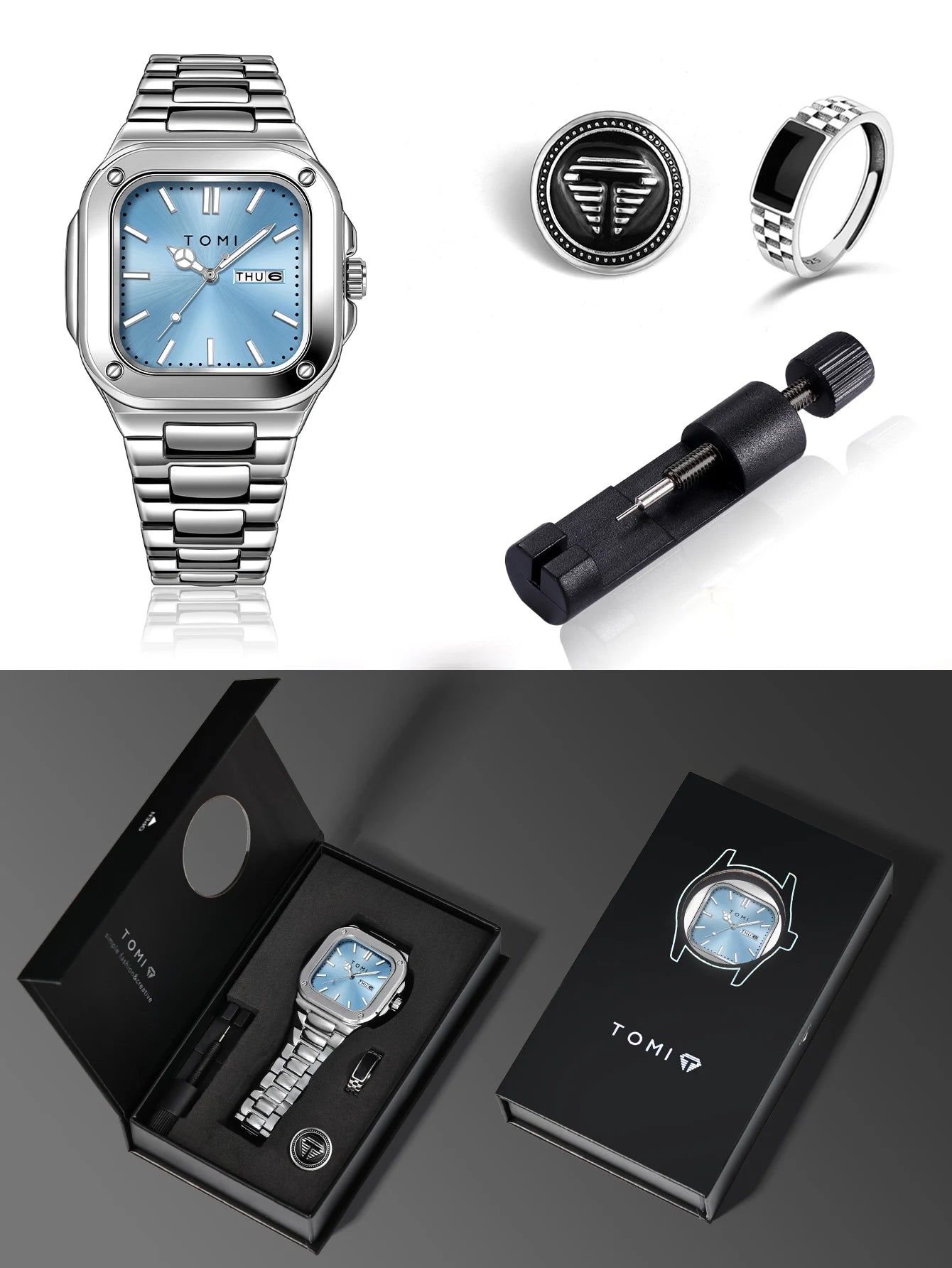 TOMI T-306-6 Sky Blue Silver New Men's Luxury Business Watch Gift Box Set Online in Karachi Pakistan Madina Gift