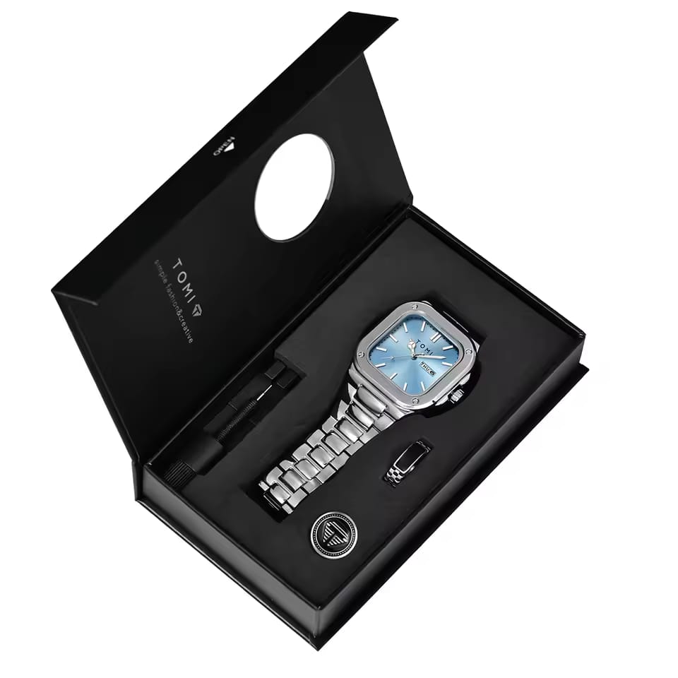 TOMI T-306-6 Sky Blue Silver New Men's Luxury Business Watch Gift Box Set Online in Karachi Pakistan Madina Gift