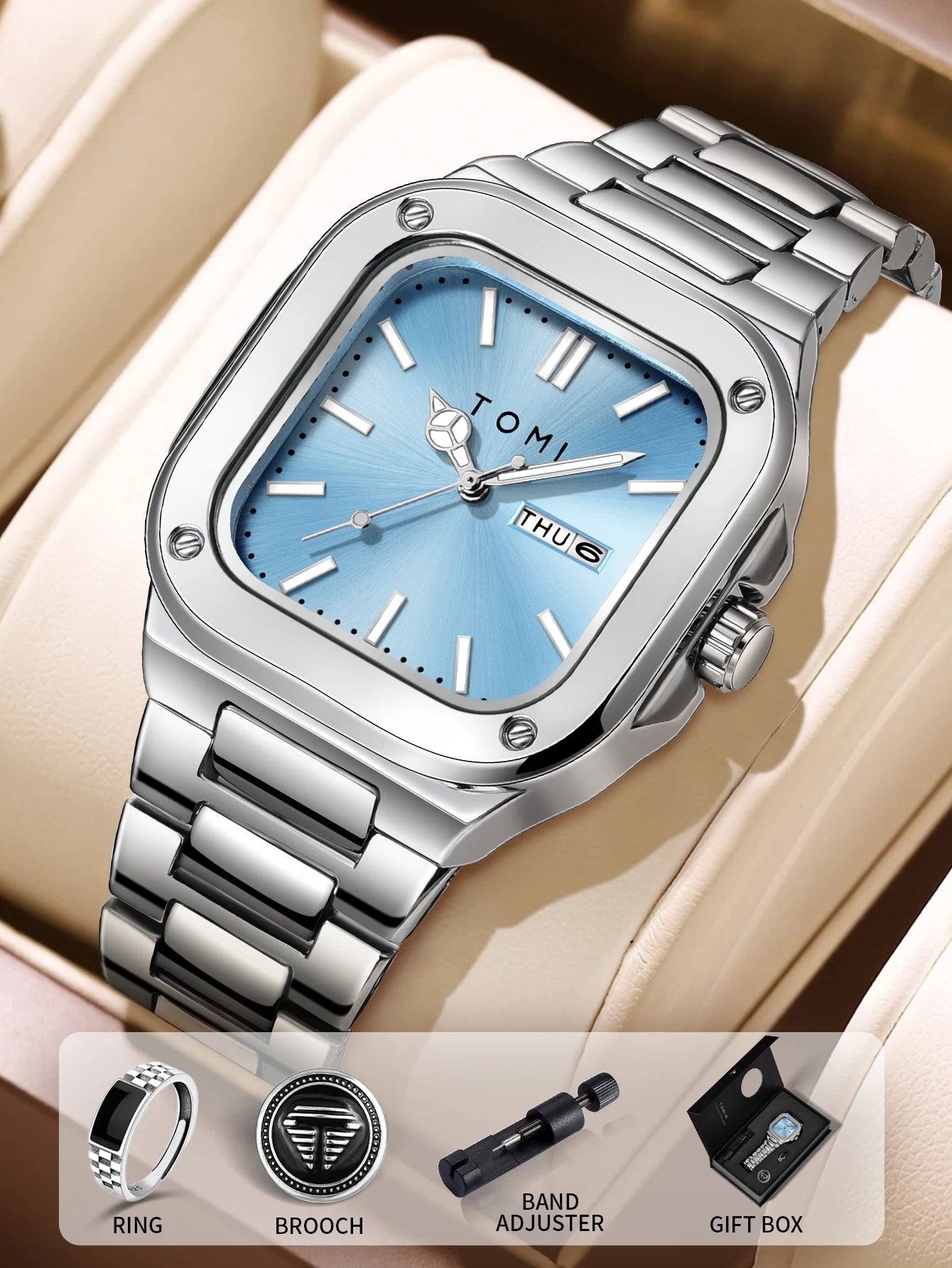 TOMI T-306-6 Sky Blue Silver New Men's Luxury Business Watch Gift Box Set Online in Karachi Pakistan Madina Gift