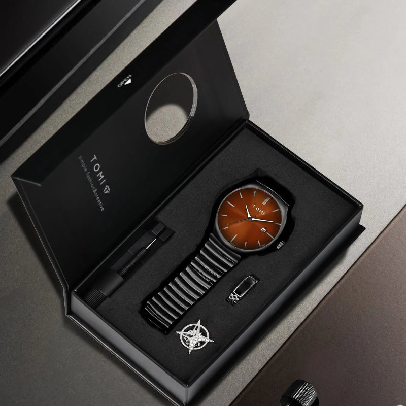 TOMI T-307-2 Coffee Bronze Black New Men's Luxury Business Watch Gift Box Set Online in Karachi Pakistan Madina Gift