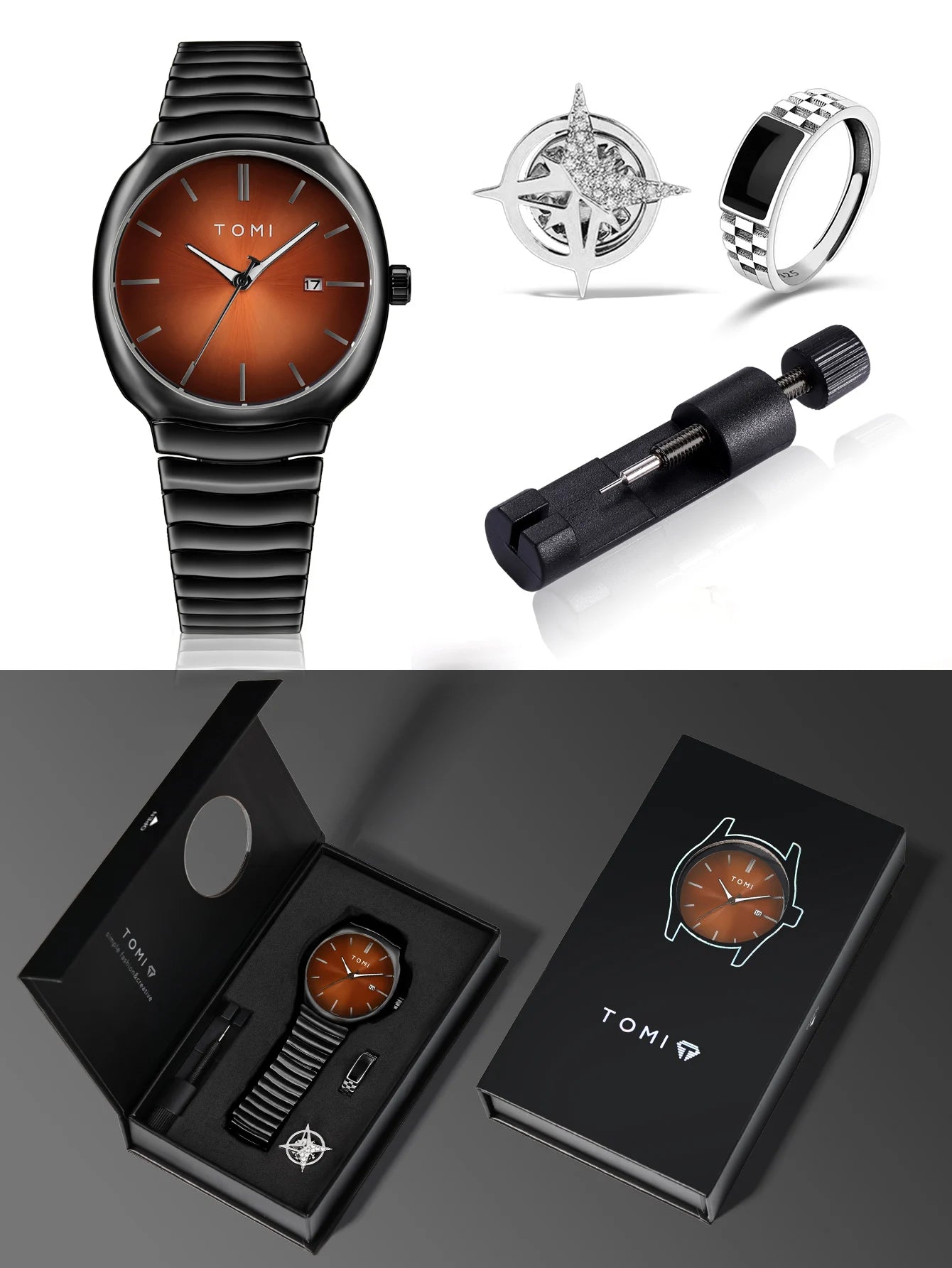 TOMI T-307-2 Coffee Bronze Black New Men's Luxury Business Watch Gift Box Set Online in Karachi Pakistan Madina Gift