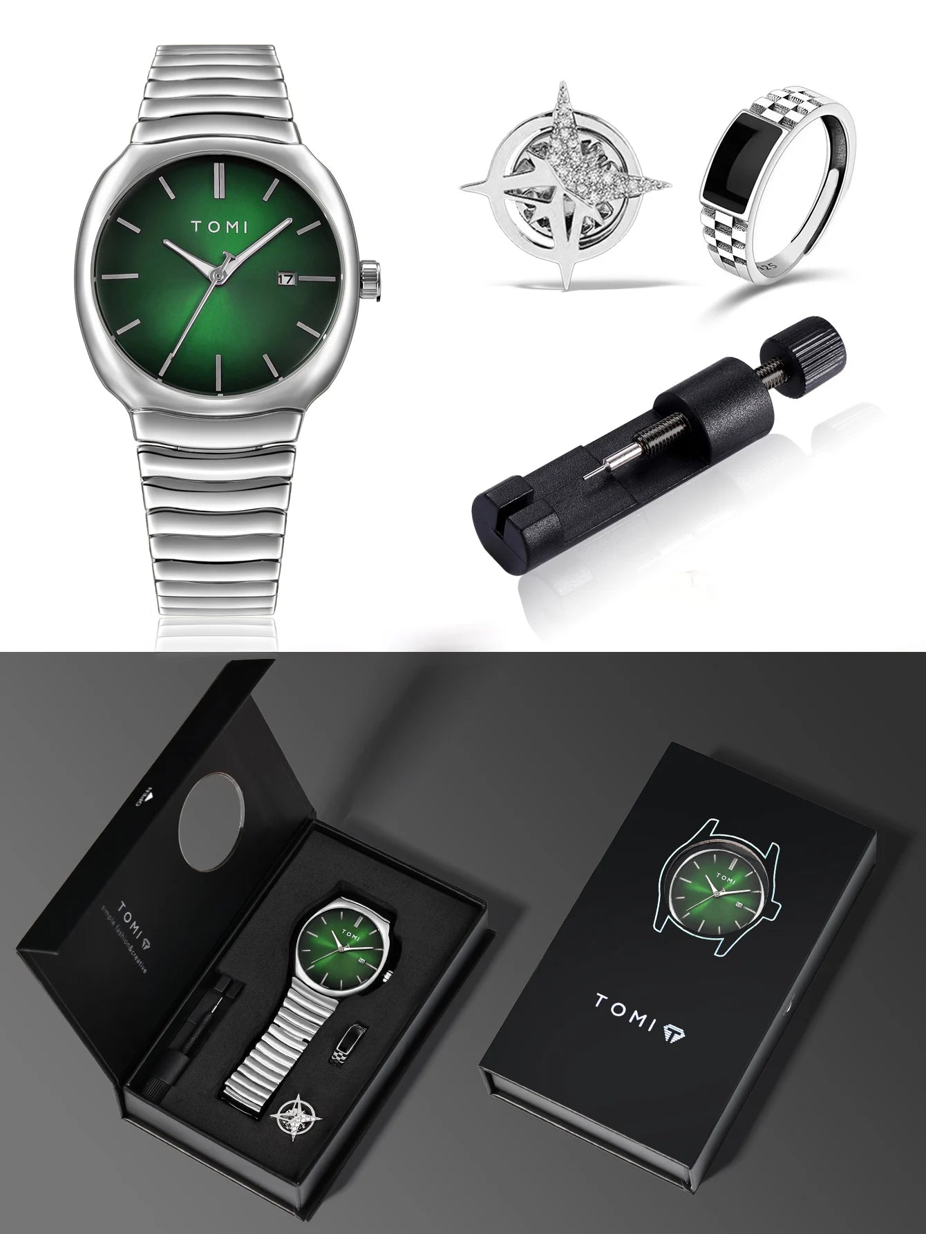 TOMI T-307-4 Green Silver New Men's Luxury Business Watch Gift Box Set Online in Karachi Pakistan Madina Gift