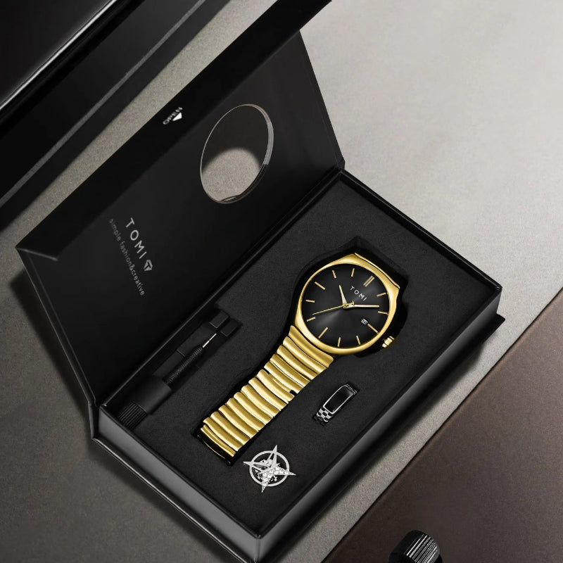 TOMI T-307-5 Black Gold New Men's Luxury Business Watch Gift Box Set Online in Karachi Pakistan Madina Gift
