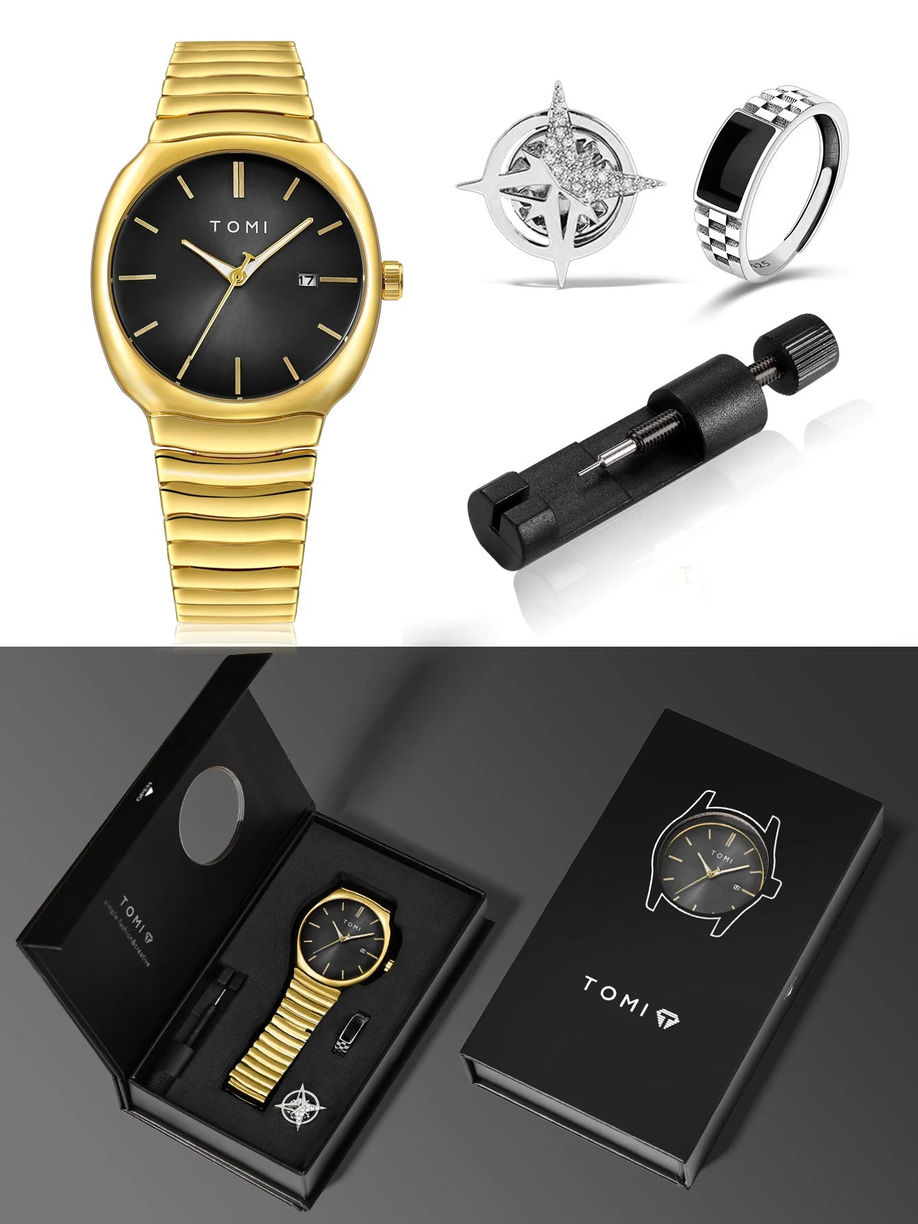 TOMI T-307-5 Black Gold New Men's Luxury Business Watch Gift Box Set Online in Karachi Pakistan Madina Gift