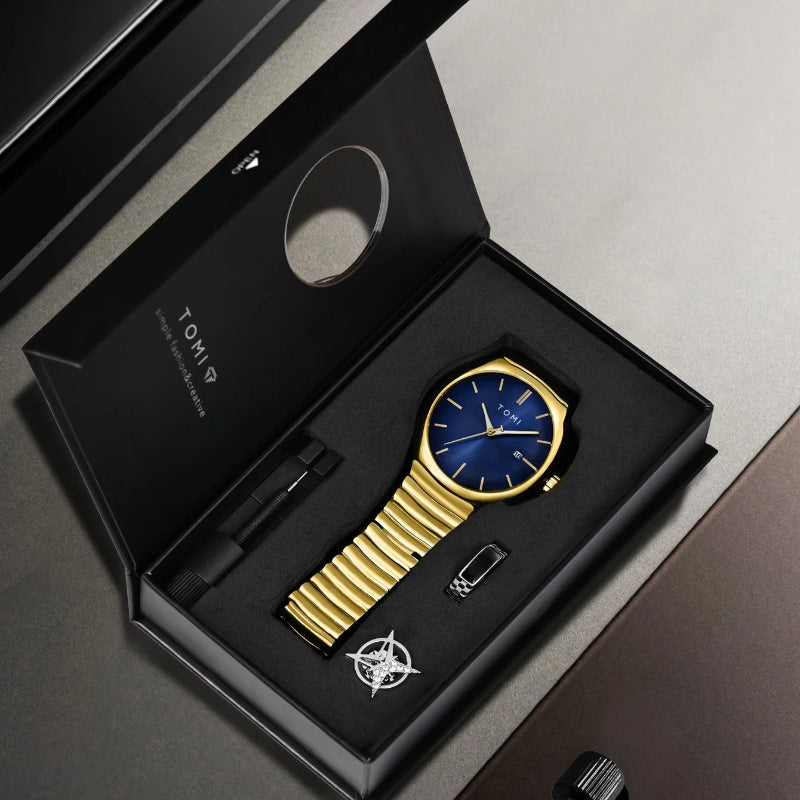 TOMI T-307-6 Blue Gold New Men's Luxury Business Watch Gift Box Set Online in Karachi Pakistan Madina Gift