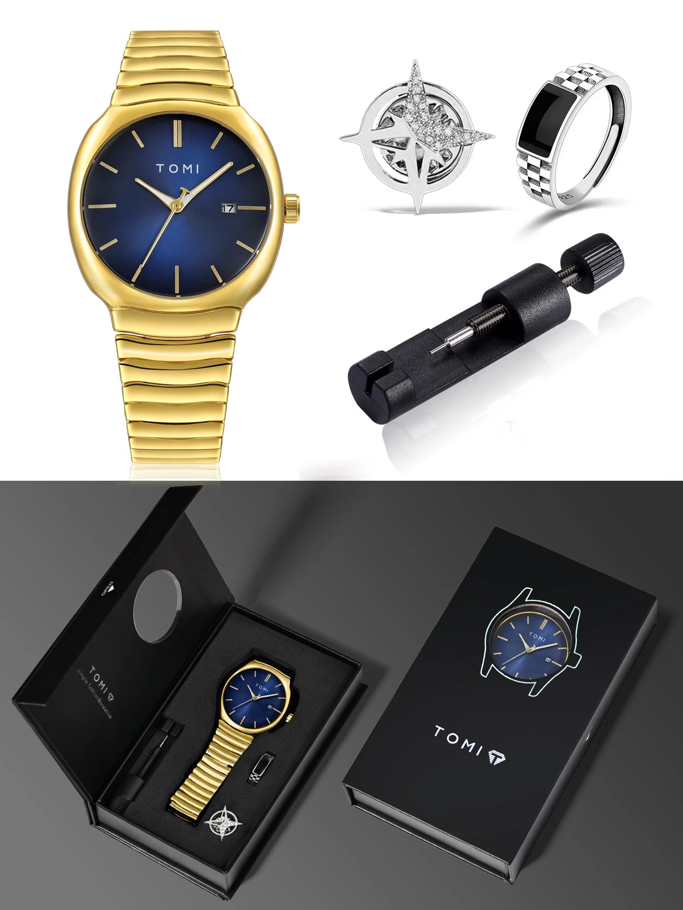 TOMI T-307-6 Blue Gold New Men's Luxury Business Watch Gift Box Set Online in Karachi Pakistan Madina Gift