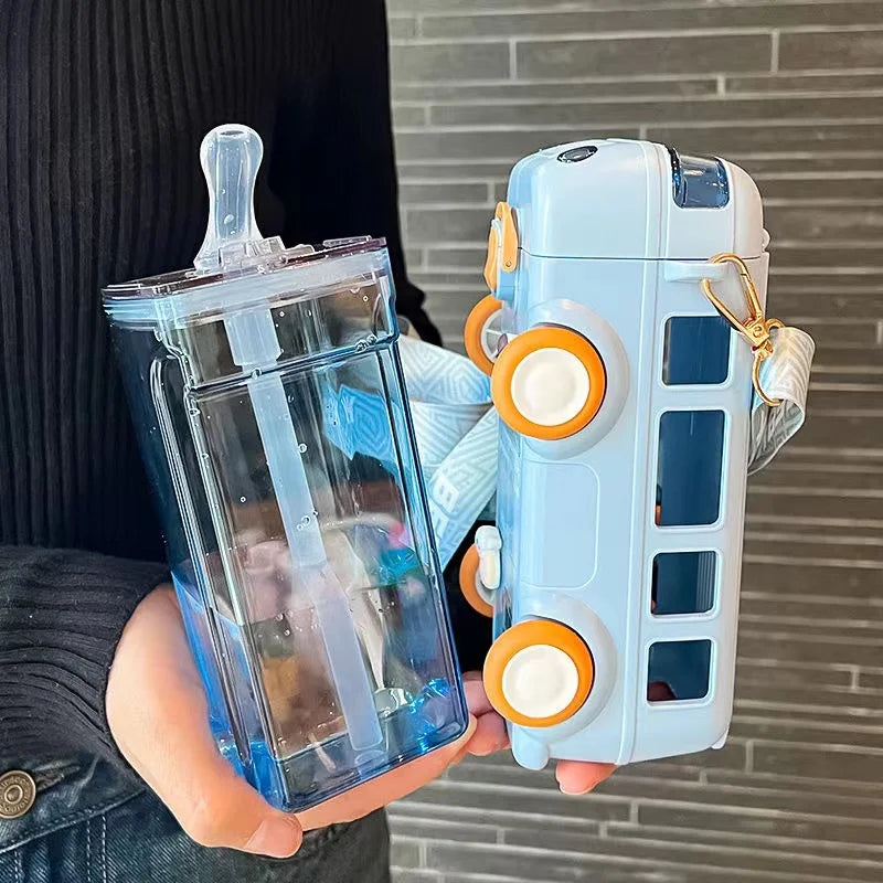 Unique Bus Shape Water Bottle With Straw 600 ML