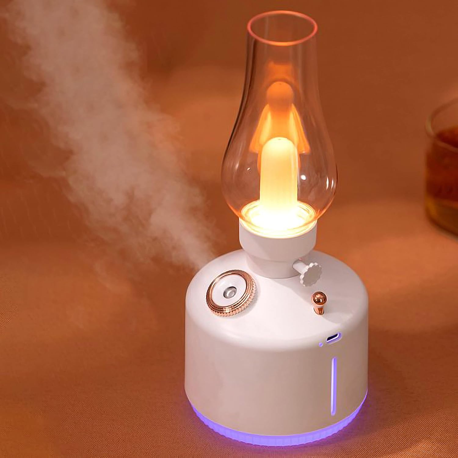 White lamp-shaped humidifier emitting mist on a brown background. Vintage Lamp Humidifier For Home & Office - Madina Gift