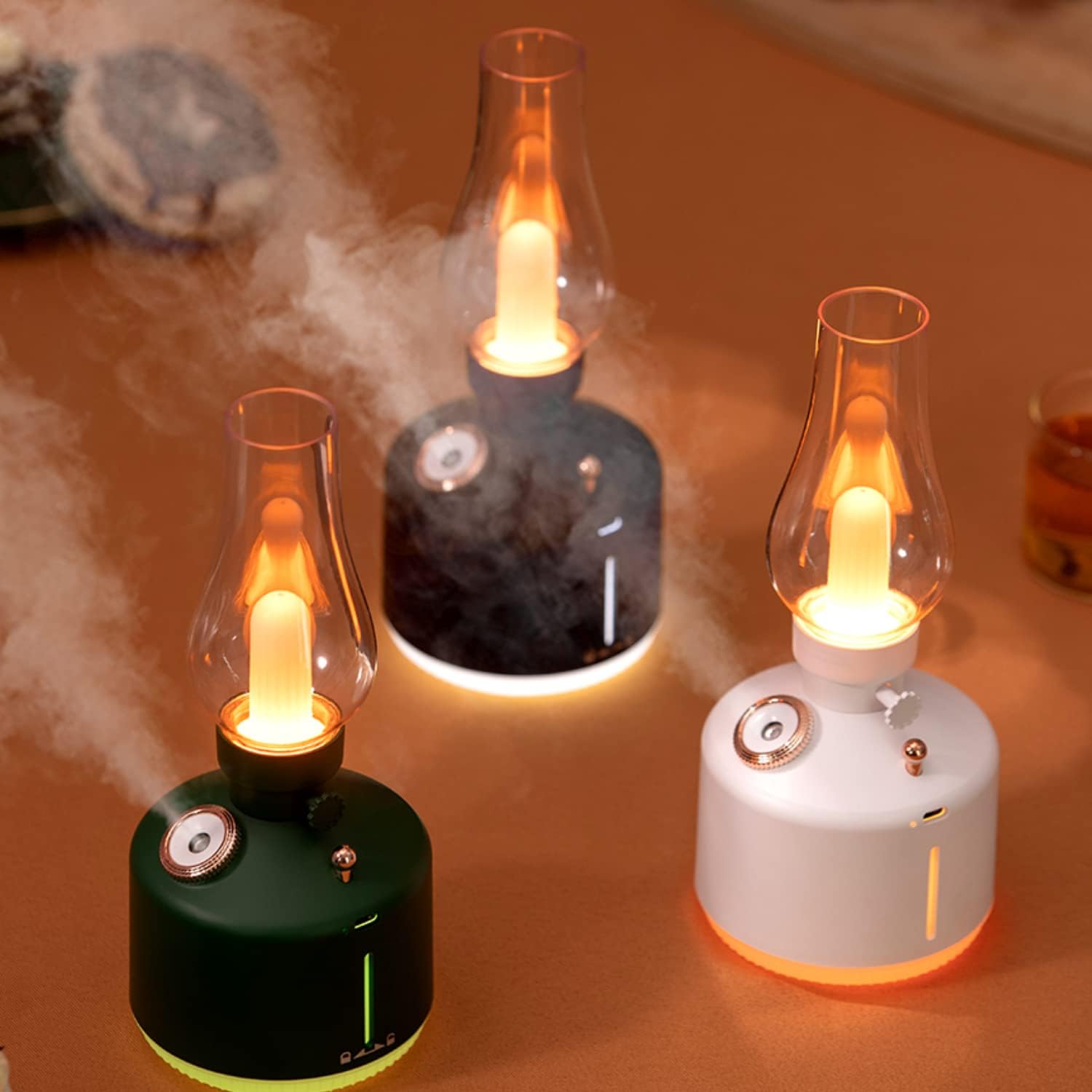 Three small lamps with glowing bulbs on a brown surface. Vintage Lamp Humidifier For Home & Office - Madina Gift