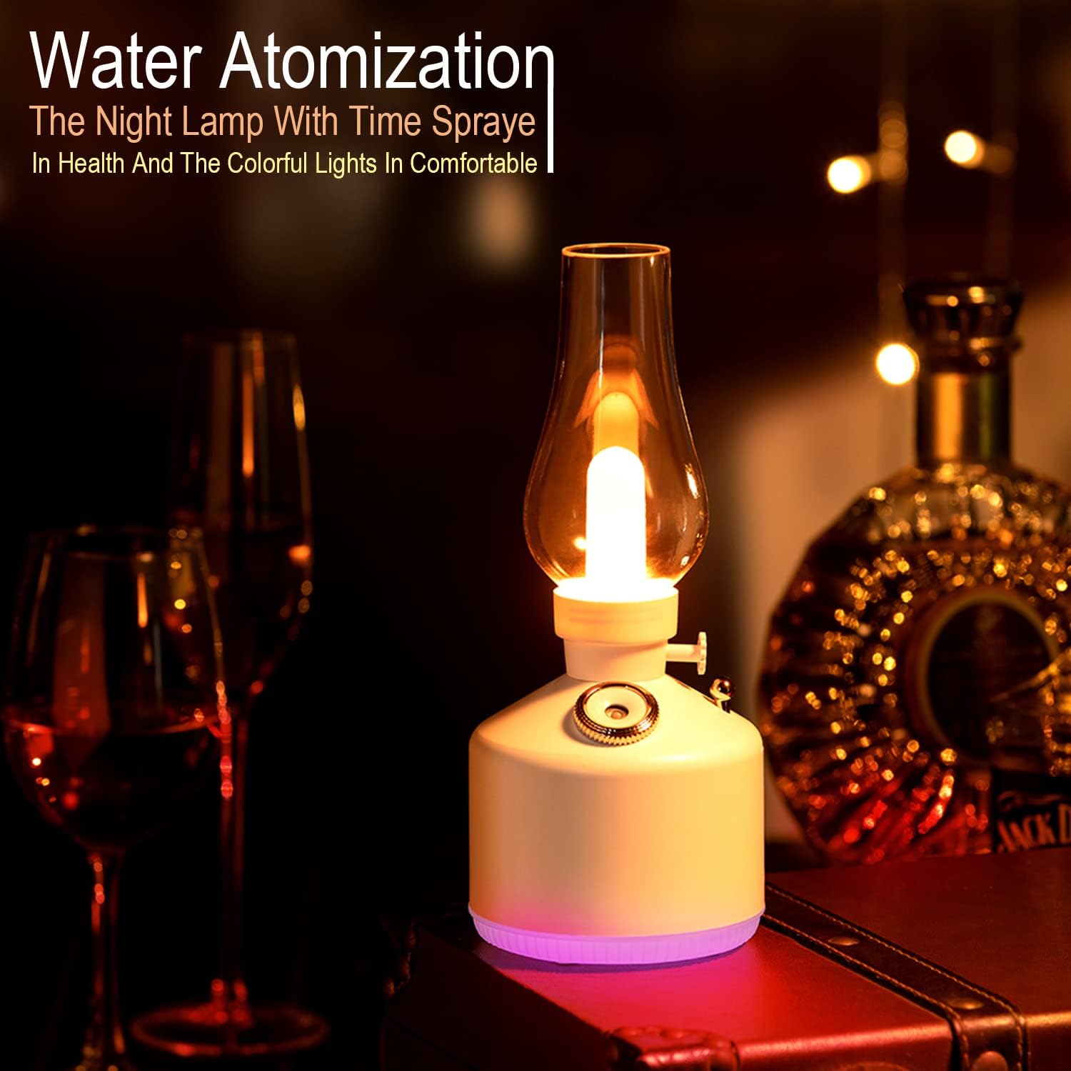 Small lamp with water atomization feature on a table with glasses and bottles in the background.  Vintage Lamp Humidifier For Home & Office - Madina Gift