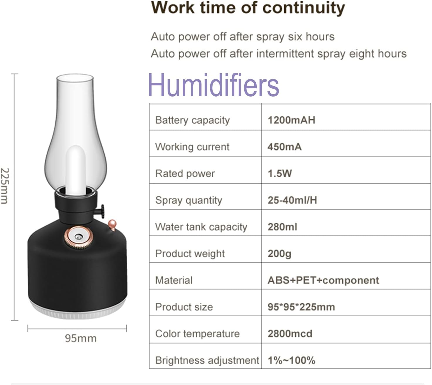Product specifications for a humidifier with dimensions and technical details. Vintage Lamp Humidifier For Home & Office - Madina Gift