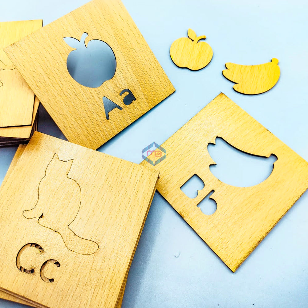 A to Z Learning Wooden Stencils Box with Colors - Madina Gift