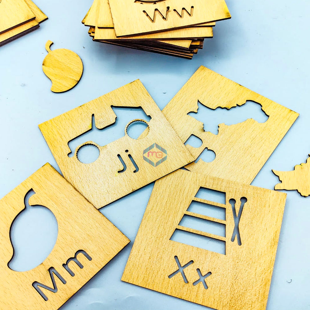 A to Z Learning Wooden Stencils Box with Colors - Madina Gift